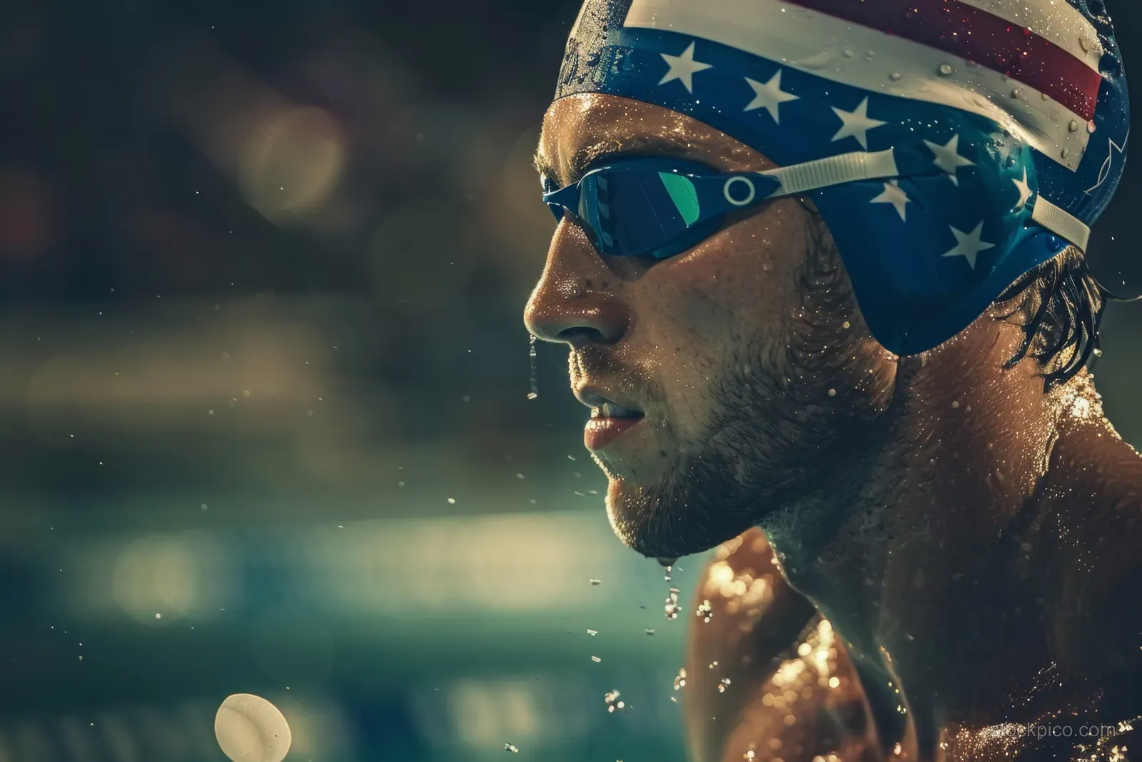 Focused male swimmer prepares for a freestyle race dive at the edge of a swimming pool.