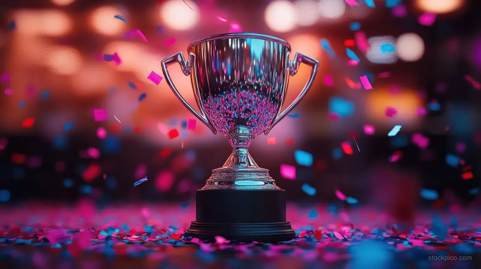Silver trophy cup on a pedestal with colorful confetti falling and blurred party lights behind it.