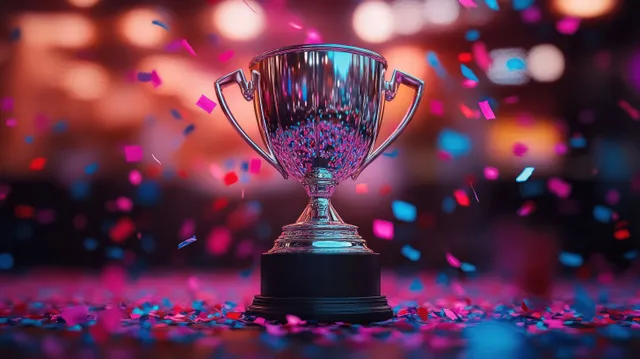 Silver trophy cup on a pedestal with colorful confetti falling and blurred party lights behind it.