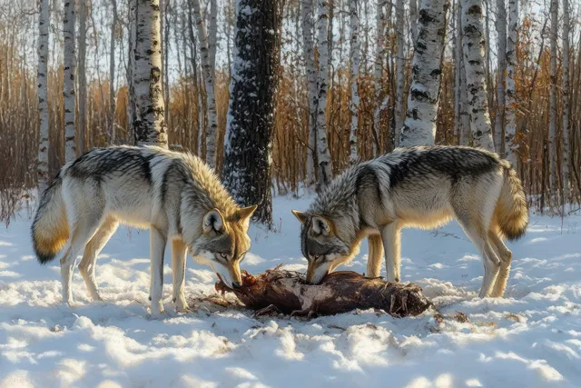 Two wolves feed on a carcass in a snowy birch forest as pale sunlight filters through bare trees.