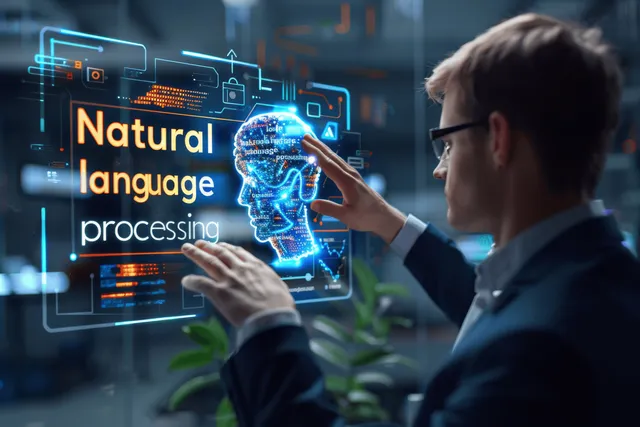 Businessman pointing at virtual natural language processing AI screen with glowing network data