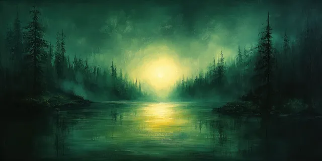 Misty green forest and still lake at sunrise with a glowing sun and dark textured brush strokes.