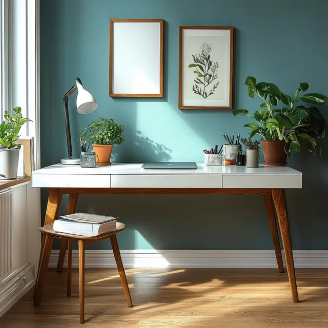 A white desk with wooden legs sits in a bright room with framed wall art and several potted plants.