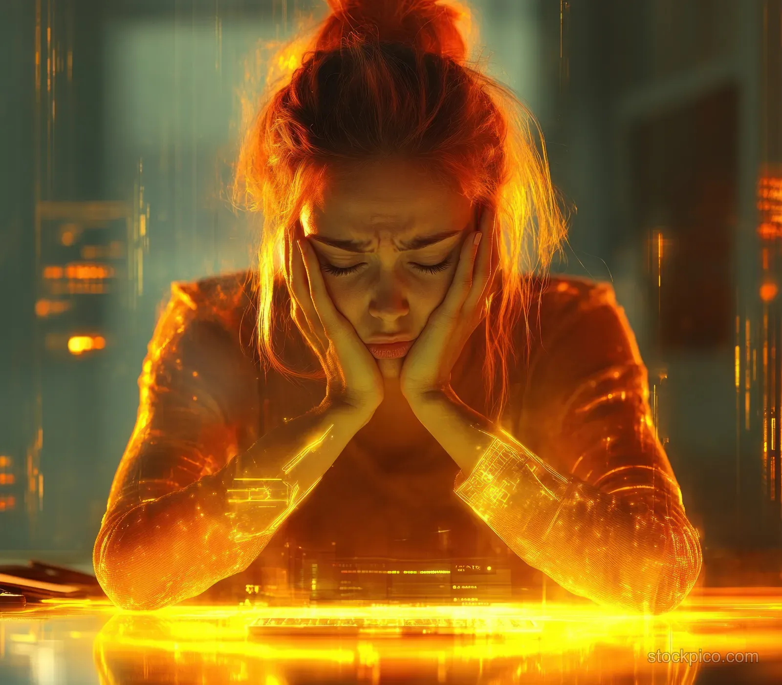 A stressed woman at an office desk clutches her hands in front of a glowing laptop with an orange panic light behind.
