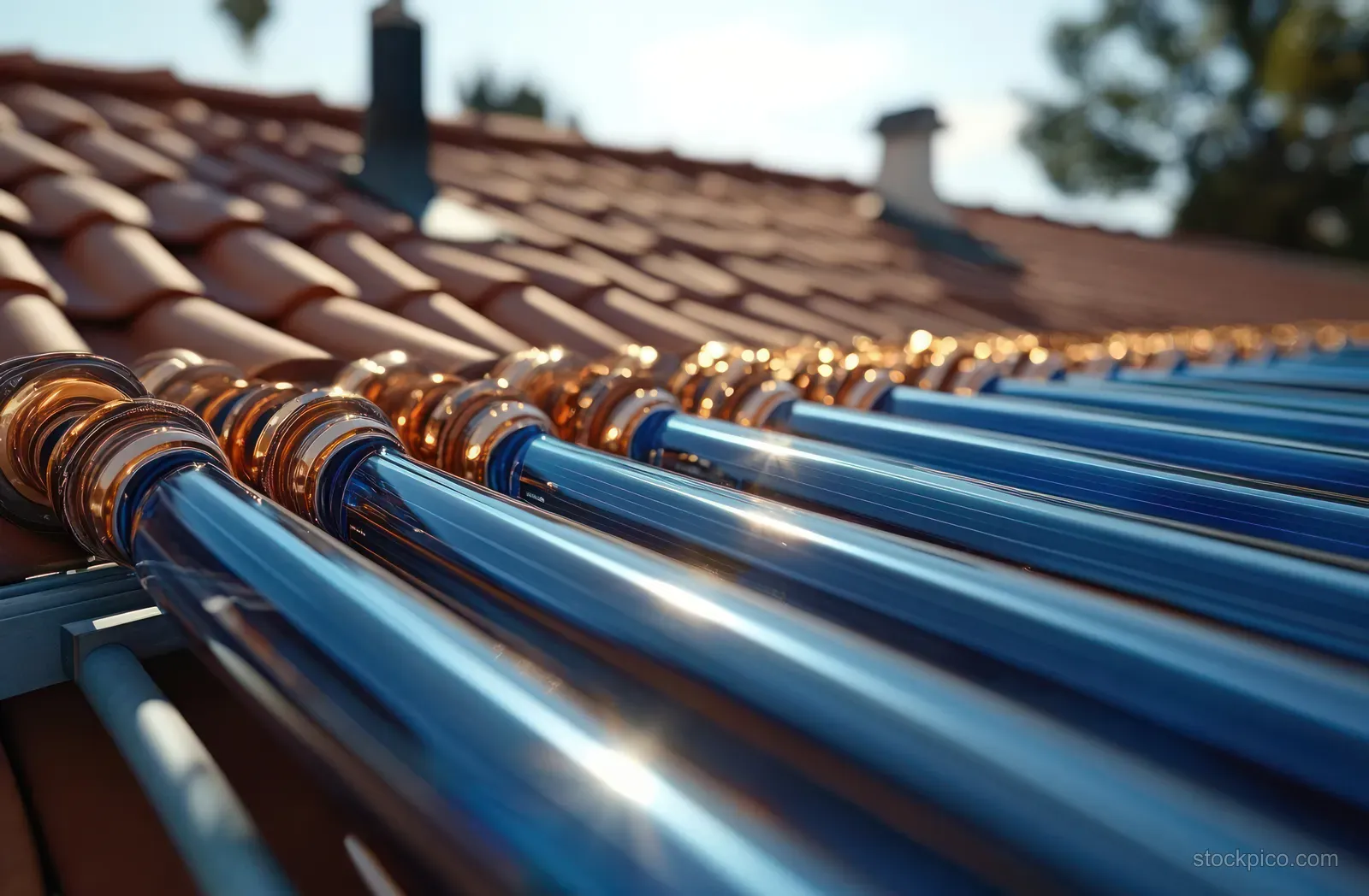 Close-up of glass vacuum solar water heater tubes installed on a sunny tiled roof with light reflections.
