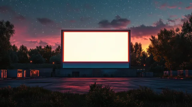 Glowing blank drive-in movie screen at dusk with trees and an empty parking lot under colorful twilight clouds.