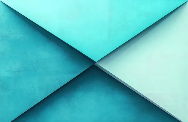Intersecting turquoise and blue triangular panels with textured surfaces and sharp shadow depth
