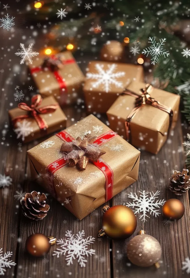 Wrapped Christmas gift boxes and ornaments on a rustic wooden table under warm light with falling snowflakes.