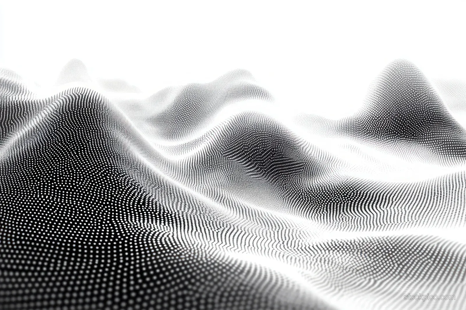 White dot waves form rolling hills across a black abstract landscape with smooth high-contrast ridges.