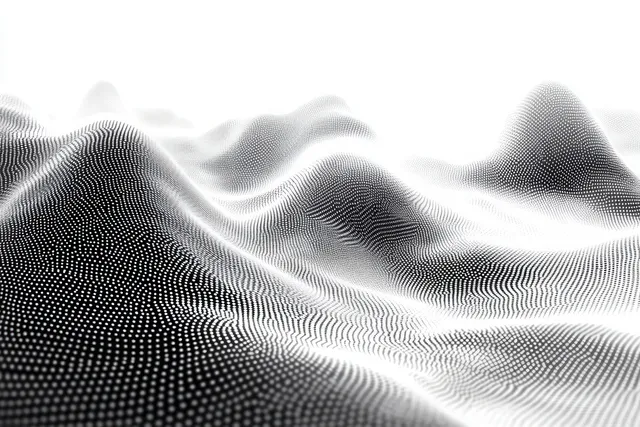 White dot waves form rolling hills across a black abstract landscape with smooth high-contrast ridges.