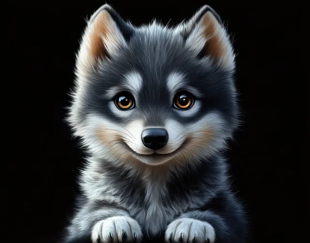 A fluffy husky puppy with bright amber eyes and a gentle smile is shown in a close-up on a black background.