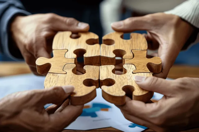 Multiple hands fit wooden jigsaw pieces into place around a central puzzle concept.