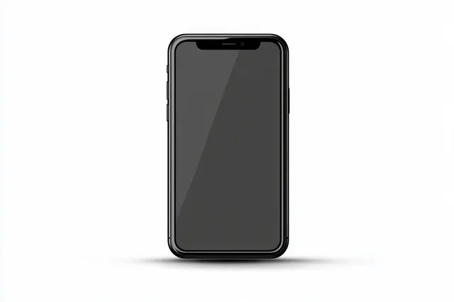 A black smartphone with a blank screen stands upright on a white background.