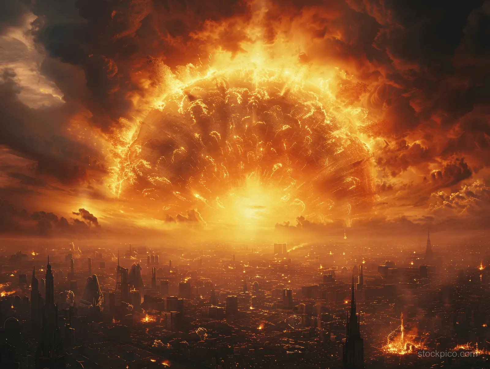 A huge explosion rises over a city skyline with flames and thick smoke.