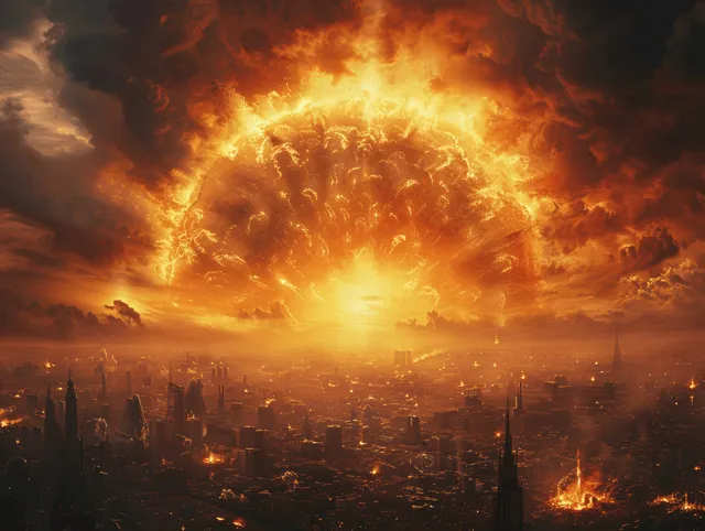 Nuclear explosion over city skyline with towering fireball and smoke