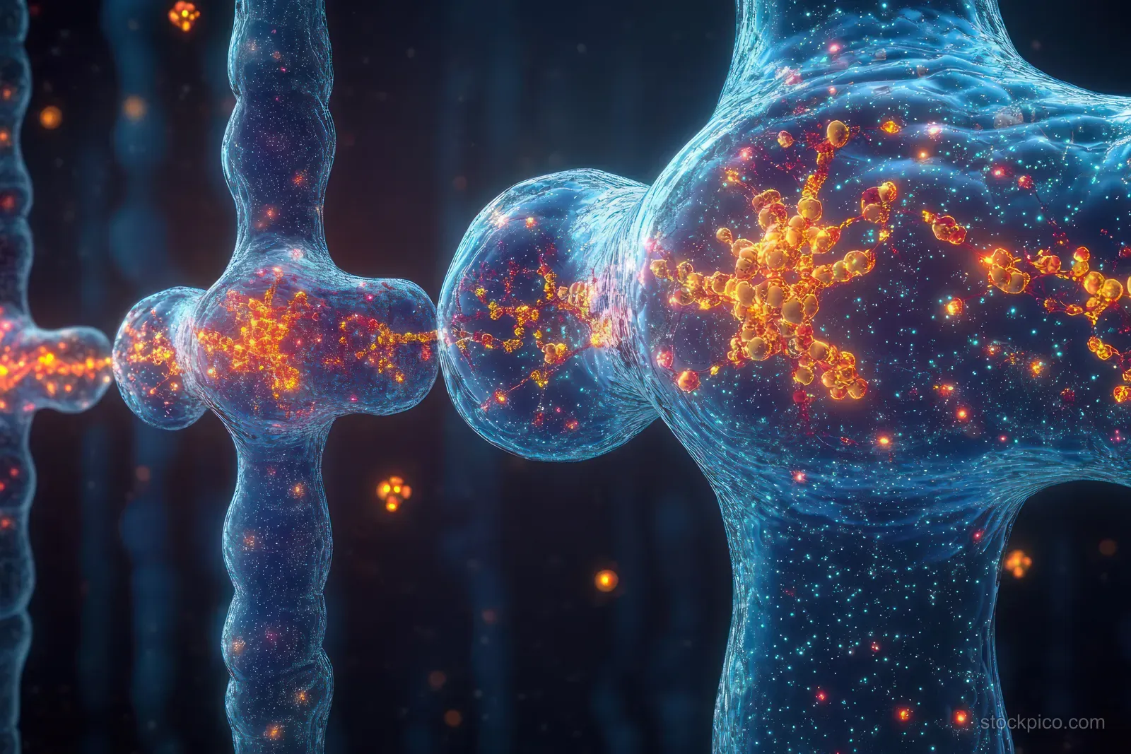 Glowing microscopic molecular chain with translucent nodes connected by neon bonds against a dark background.