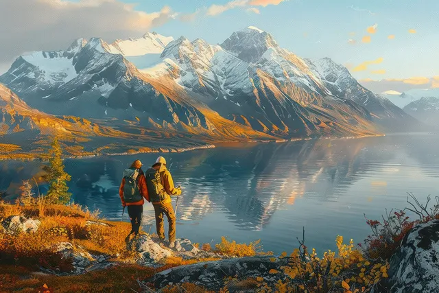 Two hikers with backpacks pause on rocky shore overlooking calm lake and snow mountains