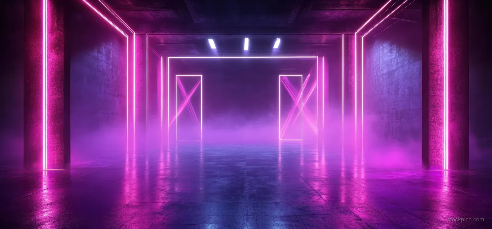Neon cyberpunk stage corridor with geometric frames, glowing fog, and purple-pink spotlights.