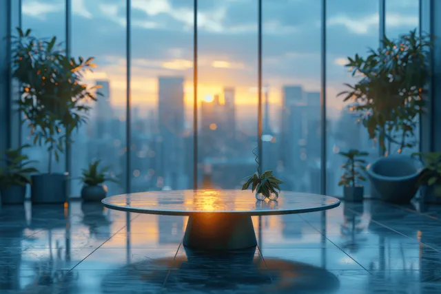 Futuristic office meeting table centered before panoramic windows at sunset