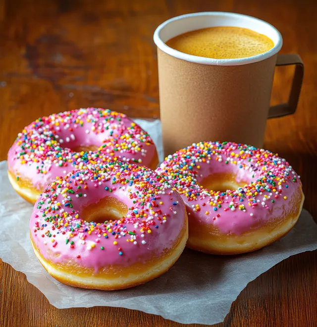 Three pink frosted donuts with colorful sprinkles sit on parchment paper beside a hot coffee cup on a wooden table.