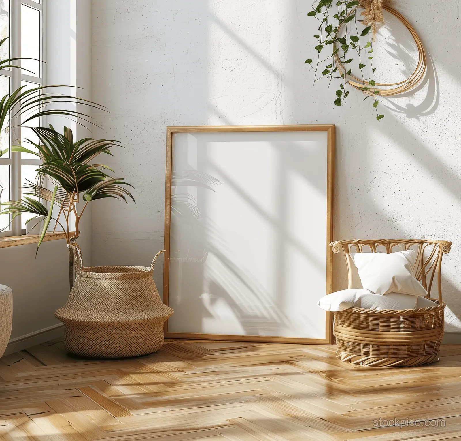 Blank A4 frame leaning against a white wall with rattan chair and plant in sunlight.