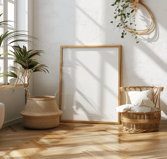 Blank A4 frame leaning in minimalist living room, side view on wooden floor