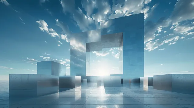 Geometric building façade with wavy panels and a bright circular opening to the blue sky.