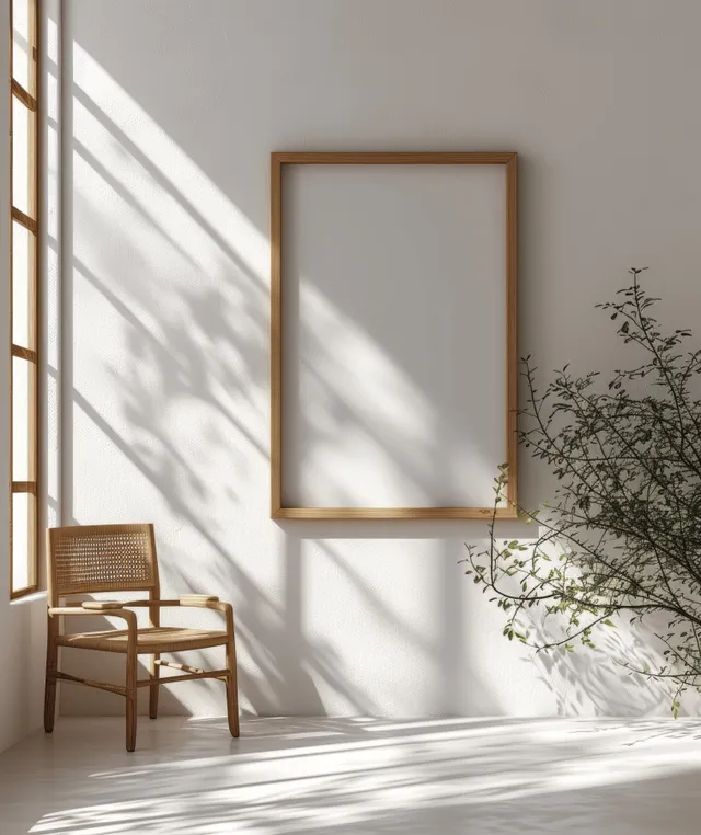 Wooden picture frame mockup in sunlit room with window shadows