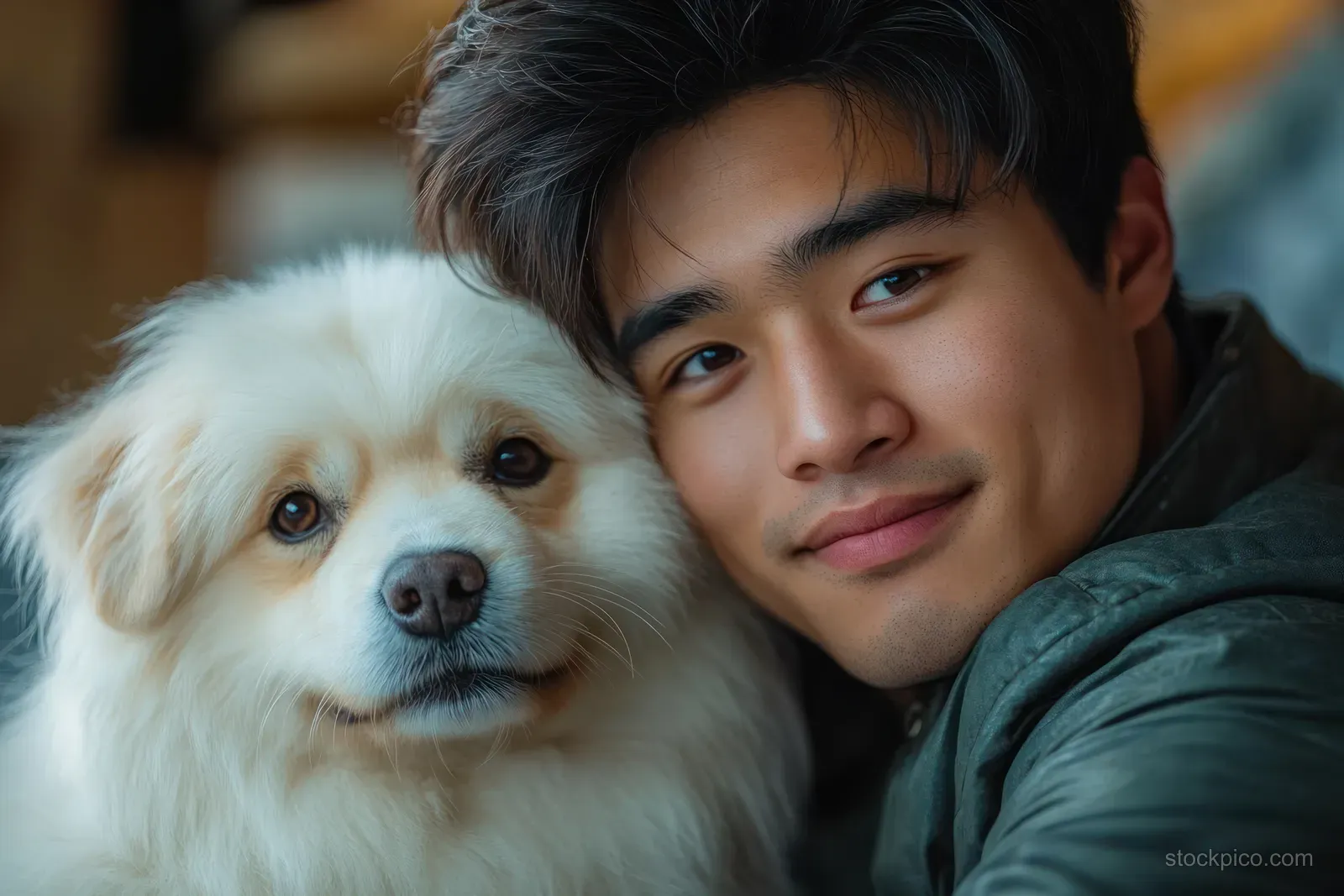A young man smiles beside a fluffy white dog indoors.