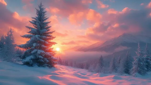 Snow-covered pine trees stand on a winter mountain slope under a glowing sunrise sky with pink and purple clouds.