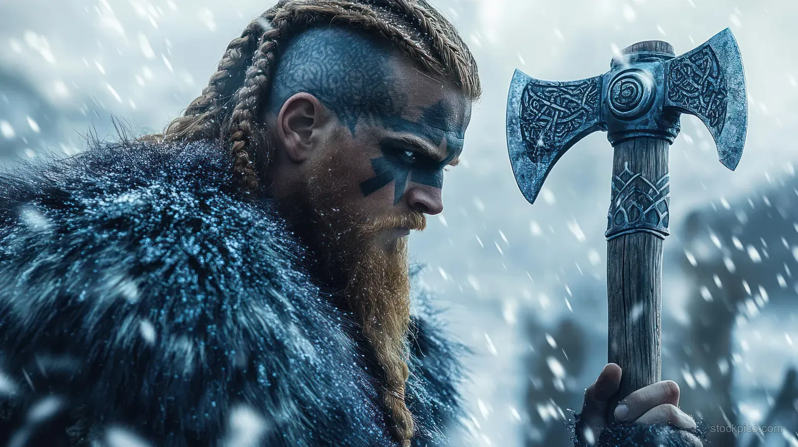 Braided-haired warrior in face paint and fur cloak holds a double-headed axe upright in heavy snowfall.