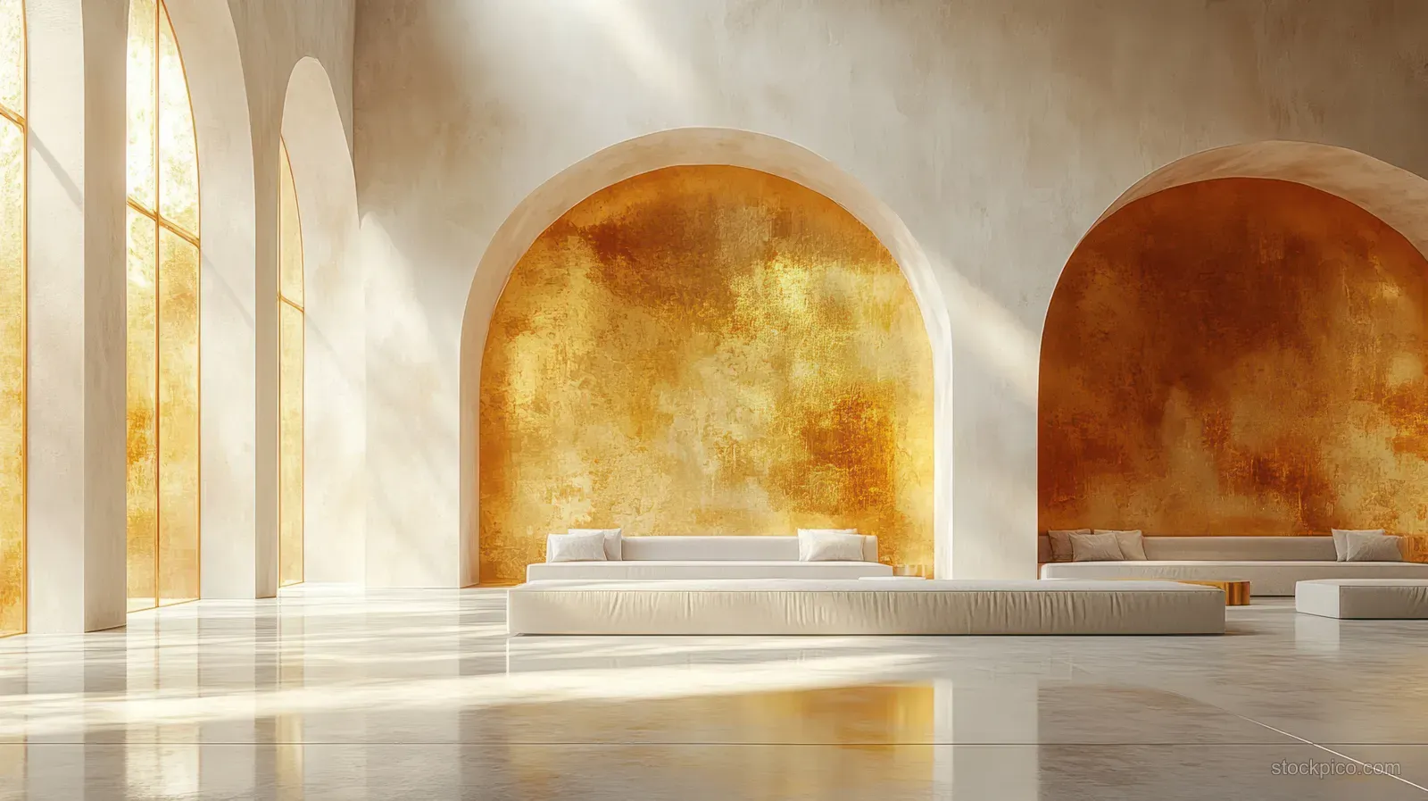 Golden stanchions with velvet rope form a guided line in an archway gallery with softly lit pedestals.