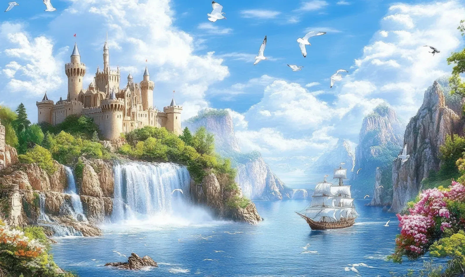 Fantasy castle sits beside waterfalls as a sailing ship passes in coastal waters with seabirds overhead.