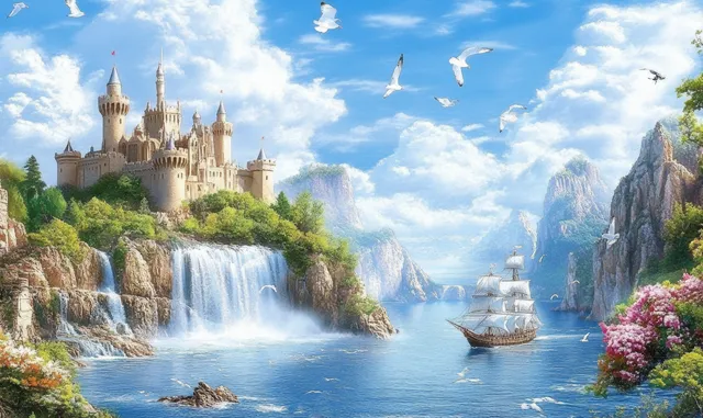 Fantasy castle sits beside waterfalls as a sailing ship passes in coastal waters with seabirds overhead.