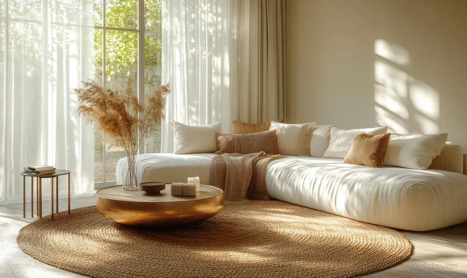 White sofa with neutral pillows and a round coffee table in a bright living room with sheer curtains.
