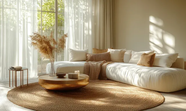 White sofa with neutral pillows and a round coffee table in a bright living room with sheer curtains.