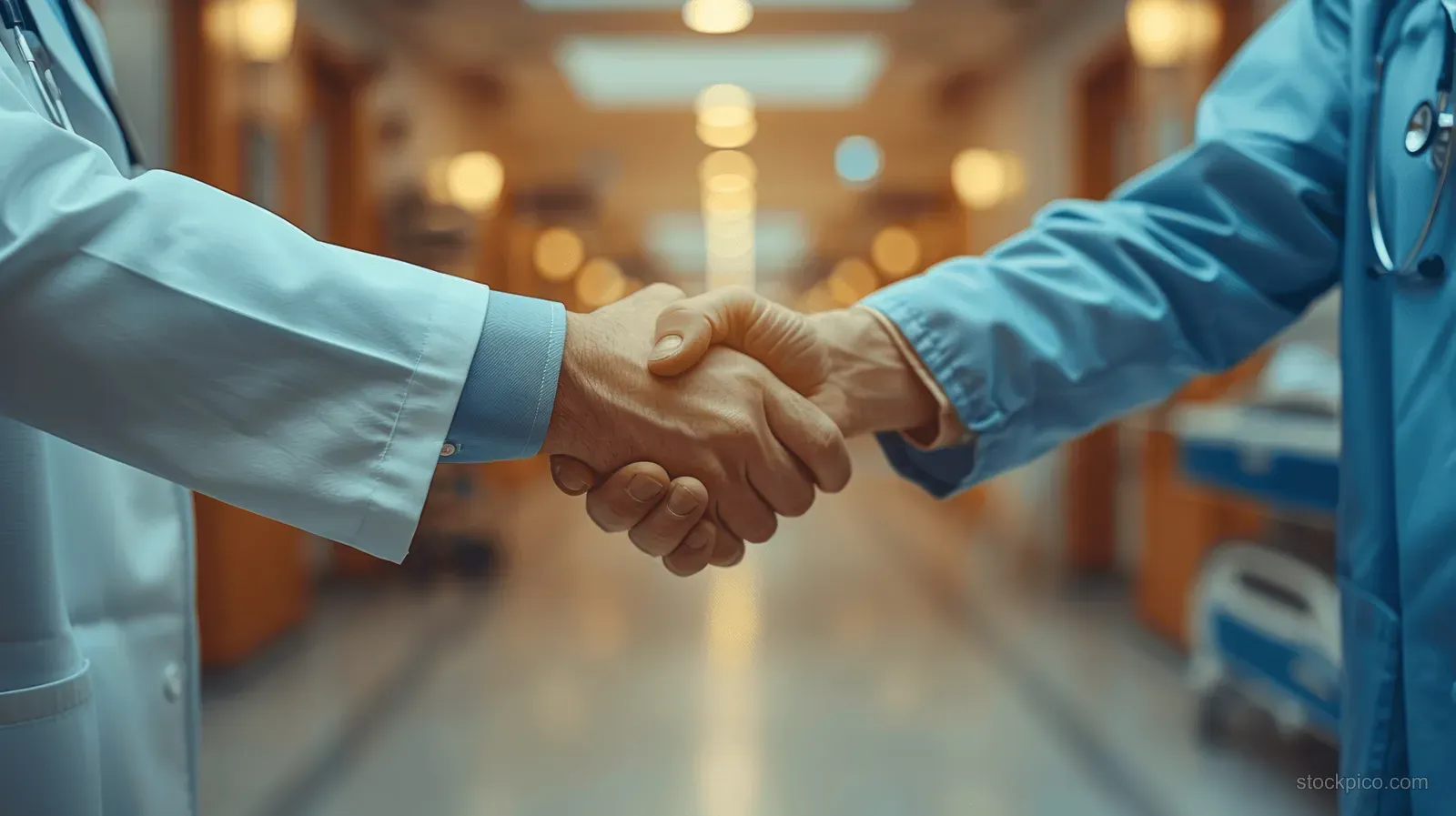 Doctor and businessman shake hands in a hospital hallway with blurred medical equipment and warm lights behind them.