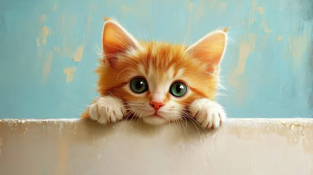 An orange kitten peeks over a white ledge with wide green eyes against a light blue textured background.