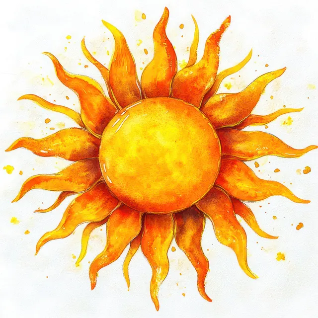 Watercolor sunburst illustration with wavy orange and yellow rays and scattered paint splashes on a white background.
