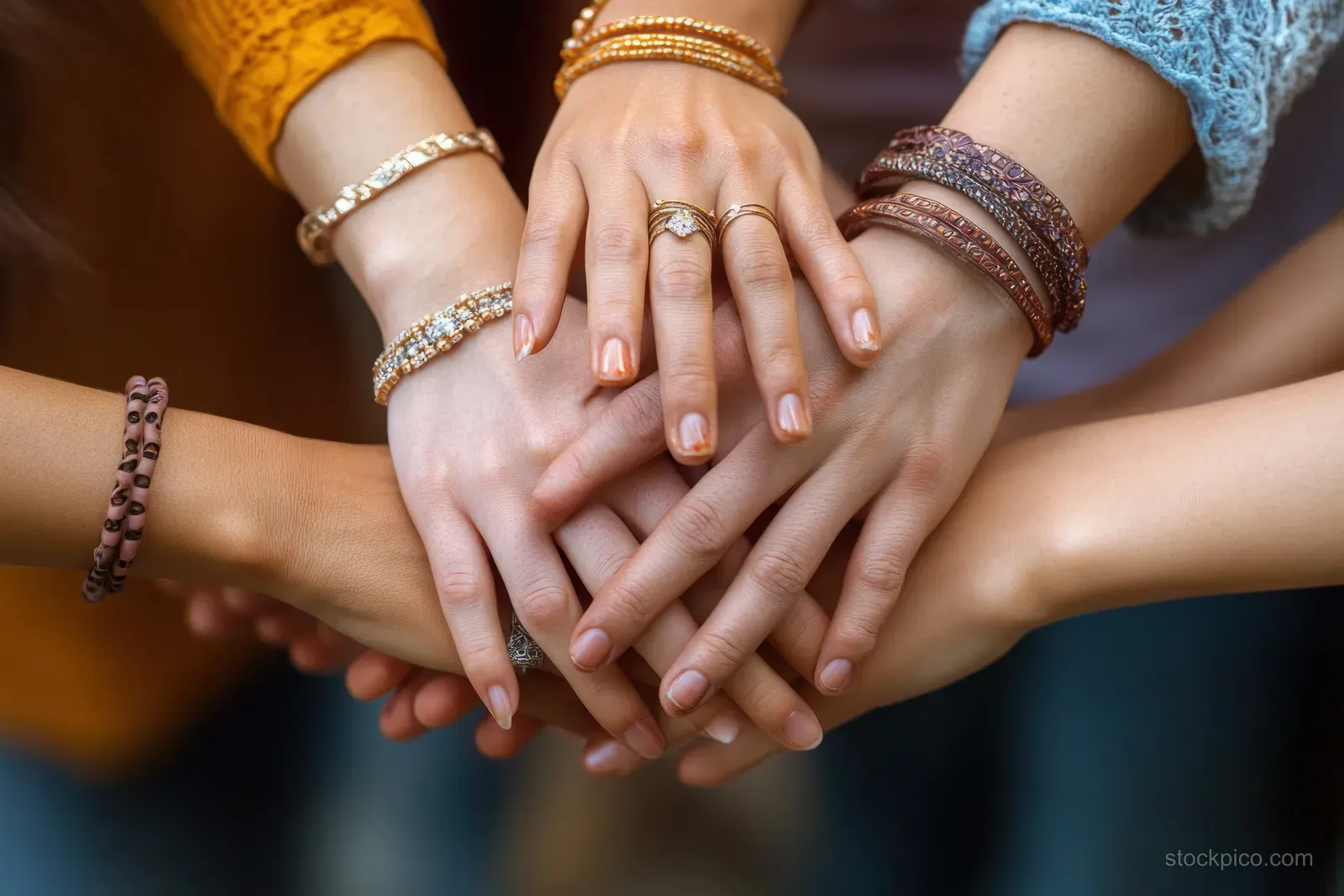 Multiracial friends stack their hands together, rings visible, under warm natural light against a neutral background.