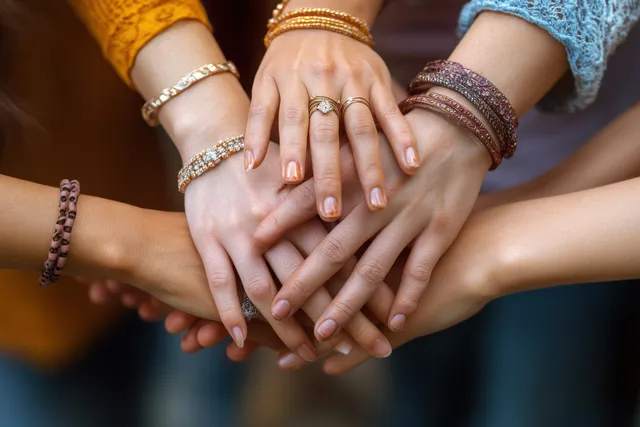 Multiracial friends stack their hands together, rings visible, under warm natural light against a neutral background.