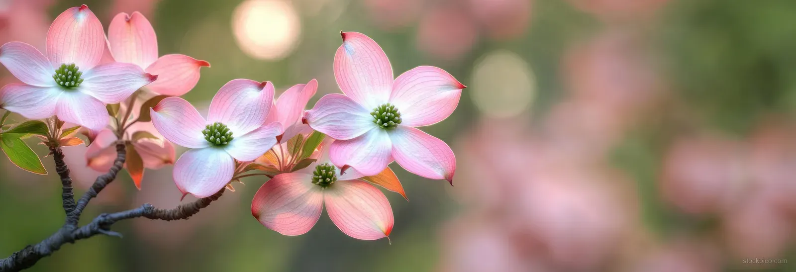 Pink and white dogwood blossoms with green centers on a branch, photographed with a soft blurred background.
