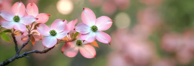 Pink and white dogwood blossoms with green centers on a branch, photographed with a soft blurred background.