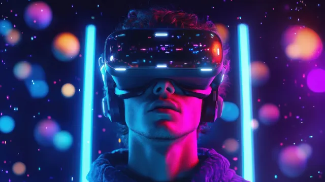 Young man wearing a VR headset in a neon-lit futuristic room with glowing floating orbs.