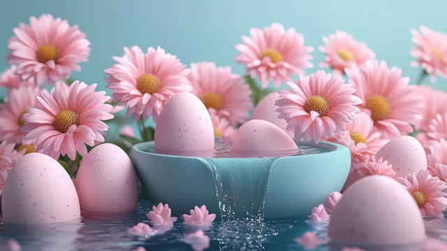 Pink speckled eggs float in a blue bowl with a small waterfall and pink daisies around them.