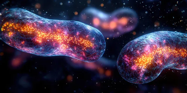 Two glowing cell-like structures float in a dark microscopic environment with sparkling internal particles and vivid colors.