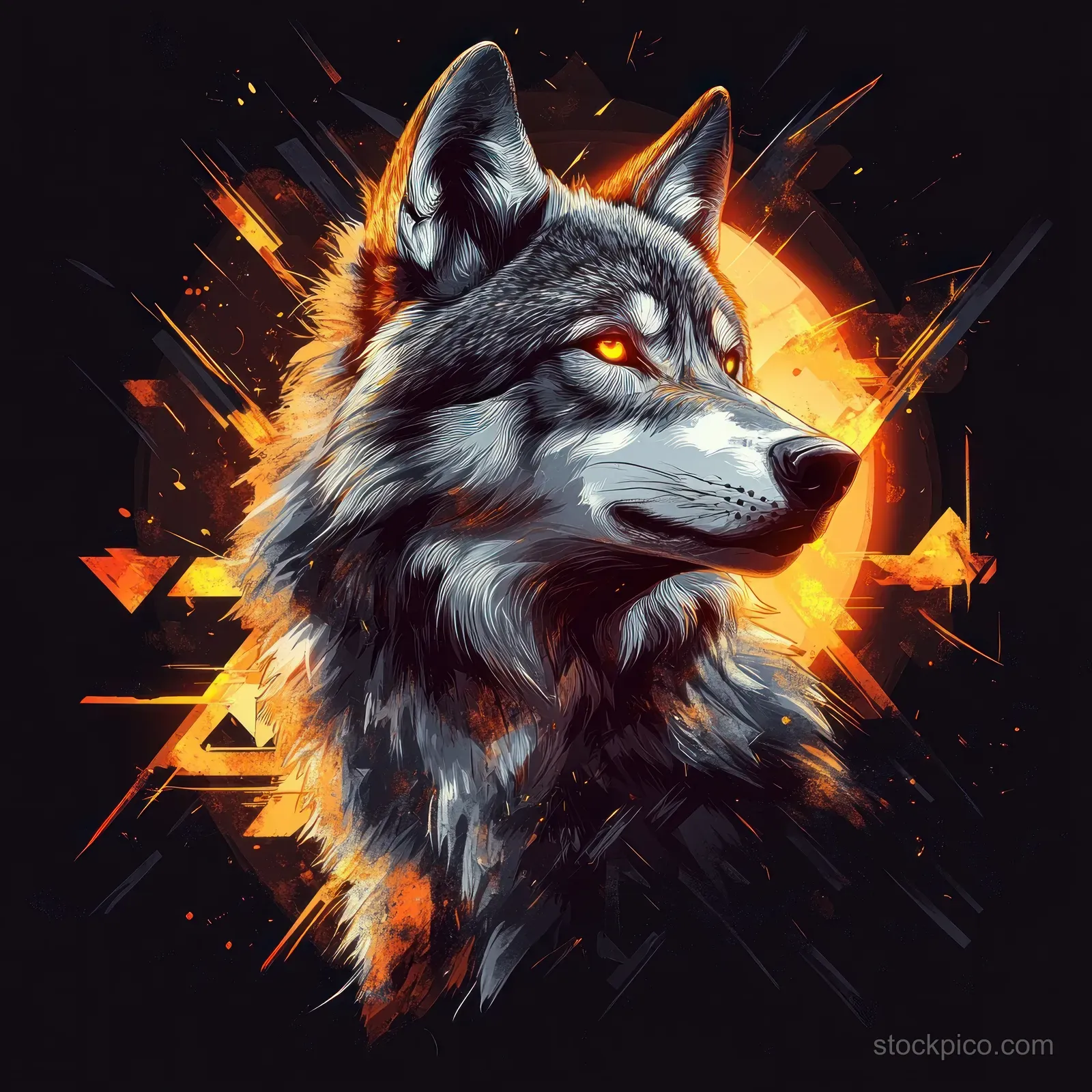Close-up wolf portrait with glowing orange eyes against a fiery abstract background with sparks.