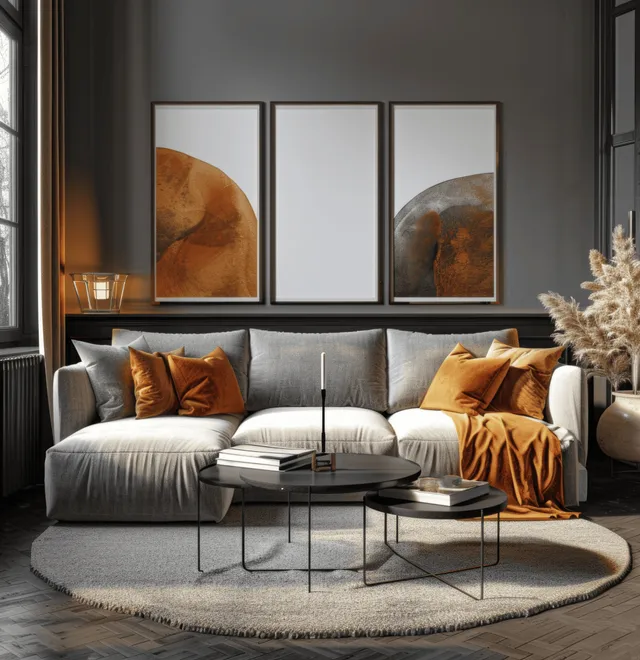 Gray sofa with three framed poster prints above it, warm lamp light, and a round coffee table in a dark living room.
