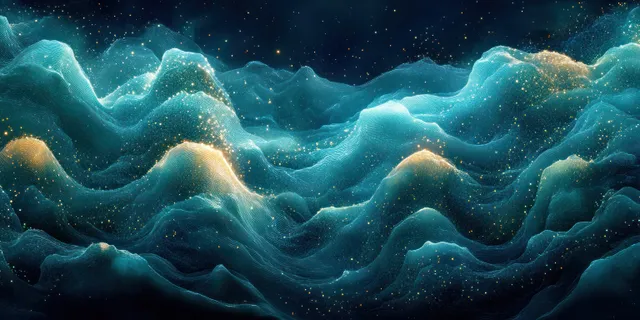Abstract glowing wave patterns and binary dots in teal and blue on a dark background create a dynamic, futuristic atmosphere.
