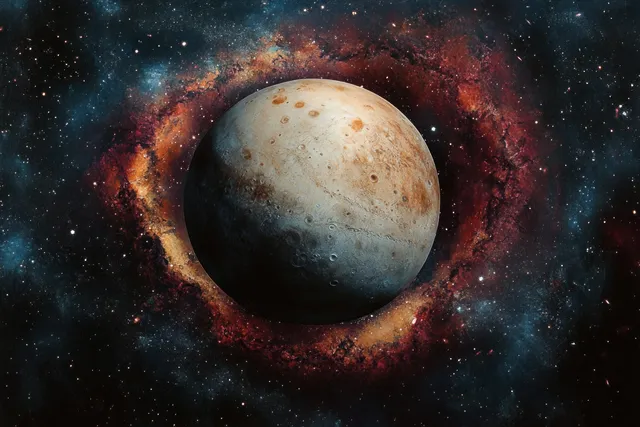 Cratered rocky planet floating in a swirling red-blue cosmic nebula with scattered stars against dark space.